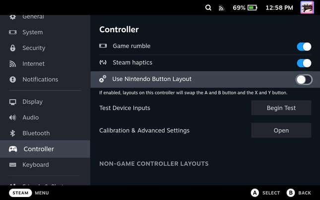 A screenshot of the Steam Deck's controller settings shows an option for a Nintendo-style layout.