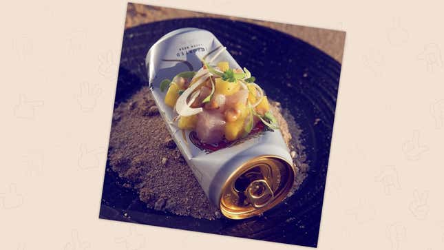 dish plated on crushed beer can