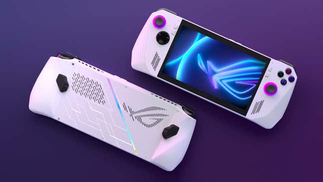 The Asus ROG Ally gaming handheld pictured front and back against a purple gradient background.