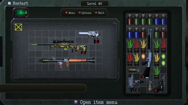 A screenshot of Save Room - Organization Puzzle's final level stuffed full of guns, herbs, an eggs to organize into a grid layout.
