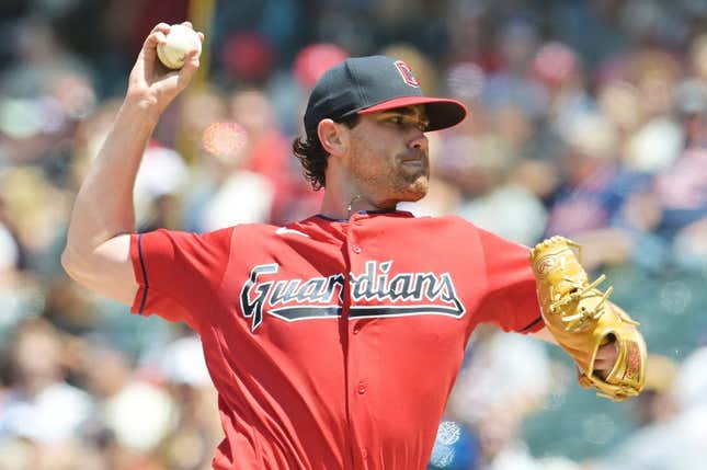 Jul 9, 2023; Cleveland, Ohio, USA; Cleveland Guardians starting pitcher Shane Bieber (57) throws a pitch during the second inning against the Kansas City Royals at Progressive Field.