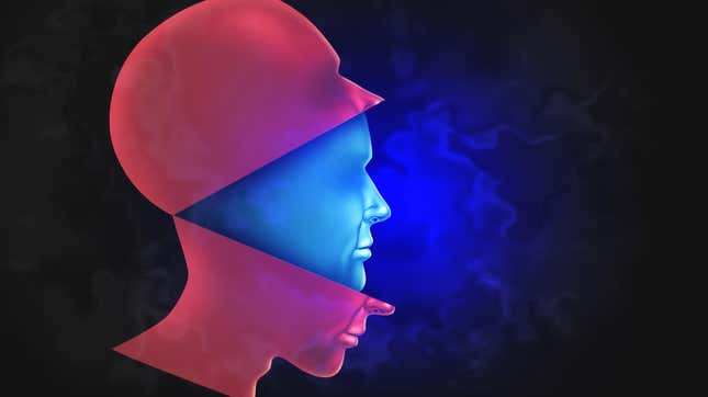 An artistic image of a person's head being enclosed by a fake head.