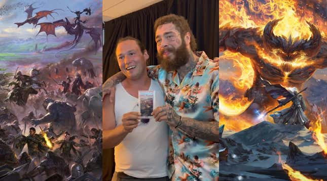 Der One Ring wird neben MTG-Kunst von Post Malone und Brook Trafton hochgehalten.