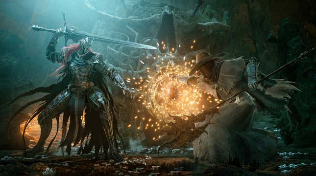 A Lords of the Fallen character uses magic against a sword-wielding enemy.