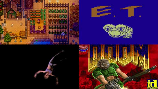 Clockwise from top left: Stardew Valley (Image: Concerned Ape), E.T., Doom, and Night Trap