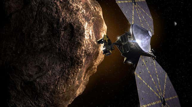 Artist’s depiction of Lucy zipping past a Trojan asteroid. 