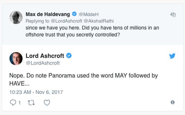 Image for article titled A powerful British lord denied Paradise Papers allegations on Twitter, then deleted the tweet