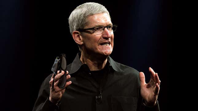 Image for article titled Unprepared Tim Cook Frantically Taping Battery To Pair Of Sunglasses For Apple Event