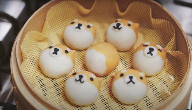 Dumplings shaped like shiba inus in box