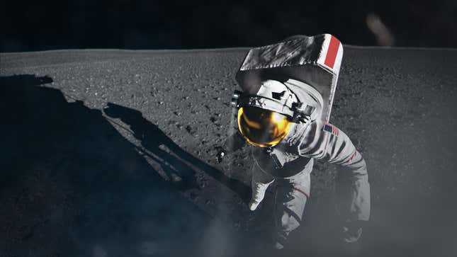 An image of an artist's illustration of an astronaut stepping from a Moon lander onto the lunar surface