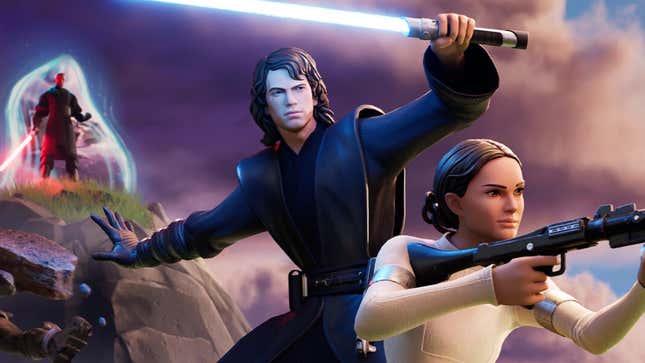 Star Wars characters point weapons in Fortnite.