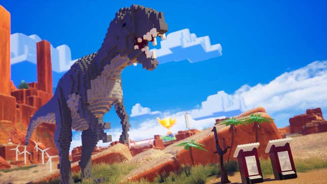 A Lego dinosaur is seen walking through a desert area.