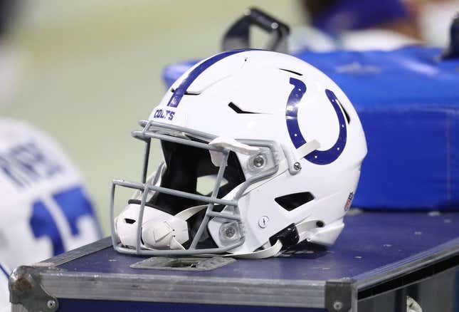 Dec 13, 2020; Paradise, Nevada, USA; Detailed view of an Indianapolis Colts helmet against the Las Vegas Raiders at Allegiant Stadium.