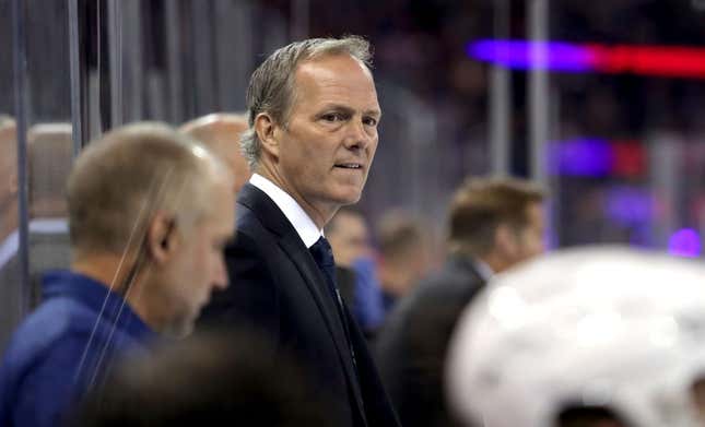 Oct 11, 2022; New York, New York, USA; Tampa Bay Lightning head coach Jon Cooper watches his players during the second period against the New York Rangers at Madison Square Garden.