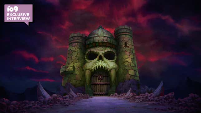 Castle Grayskull, literally a stone building with a skull face at the front, as it appears in Netflix's annimated Masters of the Universe: Revelation.