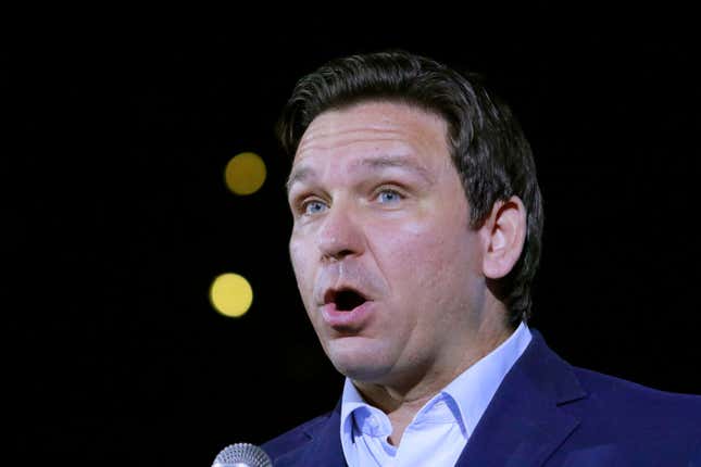 Florida Governor Ron DeSantis speaks during a campaign event for Republican Senate candidate from Nevada Adam Laxalt (not pictured) at Stoneys Rockin Country on April 27, 2022, in Las Vegas, Nevada.