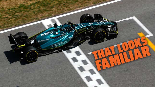 A photo of the new Aston Martin F1 car crossing the line in Spain with the caption "That looks familiar"