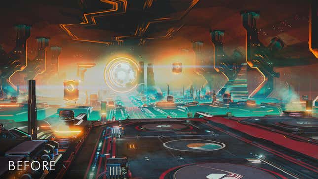 The inside of a space craft in No Man's Sky is shown with a bright, blown out light in the background.