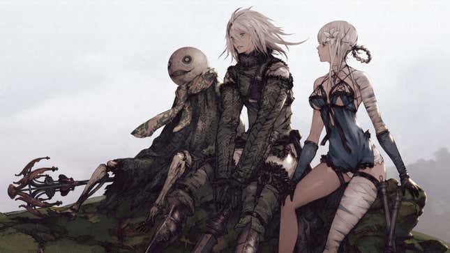 A Nier: Replicant image shows artwork of its main characters sitting on a hill. 