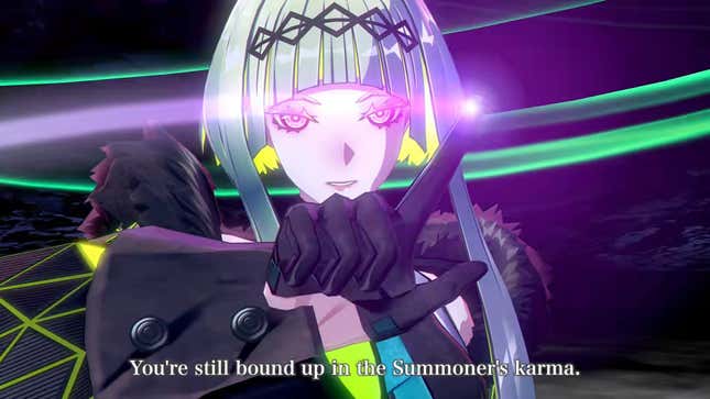 A trace of light purple light follows the tip of Ringo's index finger as she waves her hand in front of her face and summons a Devil.