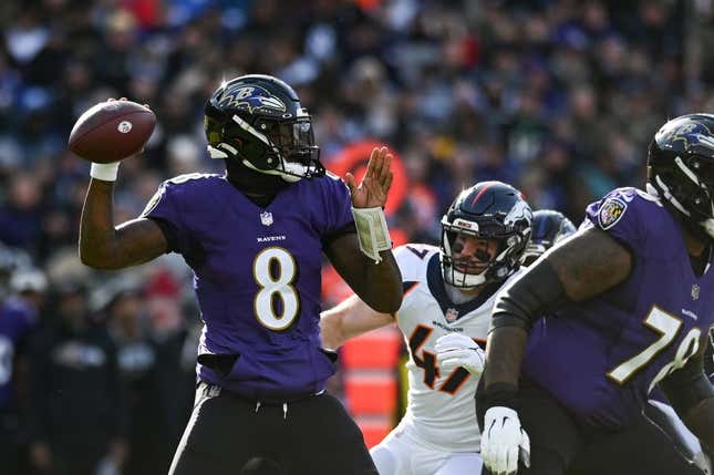 Dec 4, 2022; Baltimore, Maryland, USA;  Baltimore Ravens quarterback Lamar Jackson (8) drops back to pass during the first quarter against the Denver Broncos at M&amp;amp;T Bank Stadium.