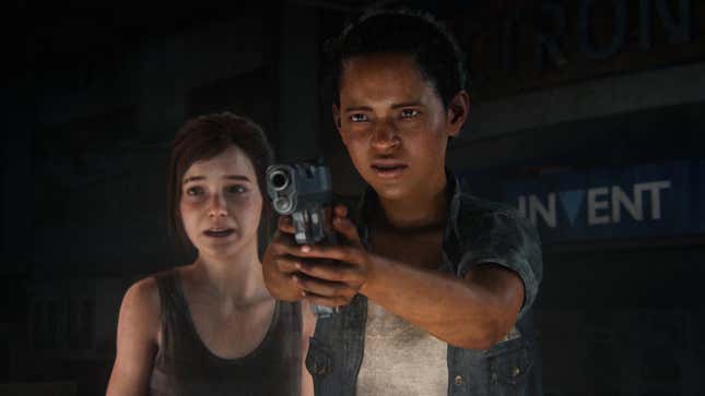 Riley is shown pointing a gun at something off-screen while Ellie stands behind her with a frightened expression.