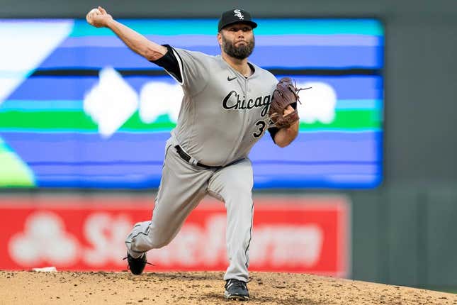 Apr 11, 2023; Minneapolis, Minnesota, USA; Chicago White Sox starting pitcher Lance Lynn (33) pitches against the Minnesota Twins at Target Field.