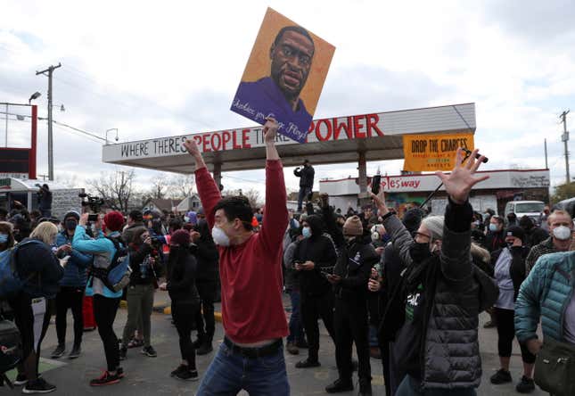 People react after the verdict in the trial of former Minneapolis police officer Derek Chauvin, found guilty of the death of George Floyd, at George Floyd Square in Minneapolis, Minnesota, U.S.