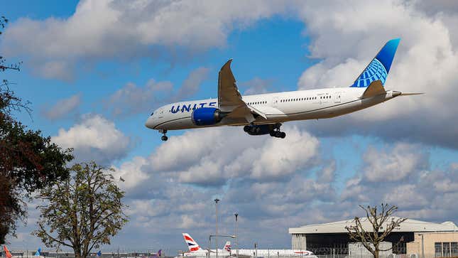 A photo of a United Airlines flight coming into land. 