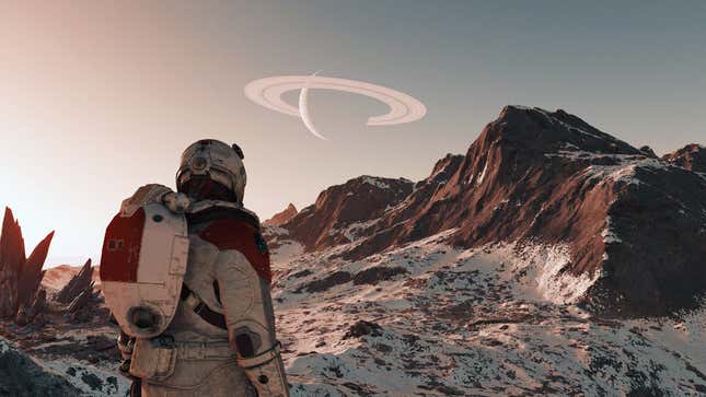 An astronaut looks out at a ringed world.