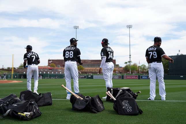 Mar 19, 2022; Phoenix, Arizona, USA; Chicago White Sox shortstop Tim Anderson (7) and Chicago White Sox outfielder Luis Rober (88) and Chicago White Sox left fielder Eloy Jiminez (74) and Chicago White Sox first baseman Jose Abreu (79) look on prior to a spring training game against the Cleveland Guardians at Camelback Ranch-Glendale.