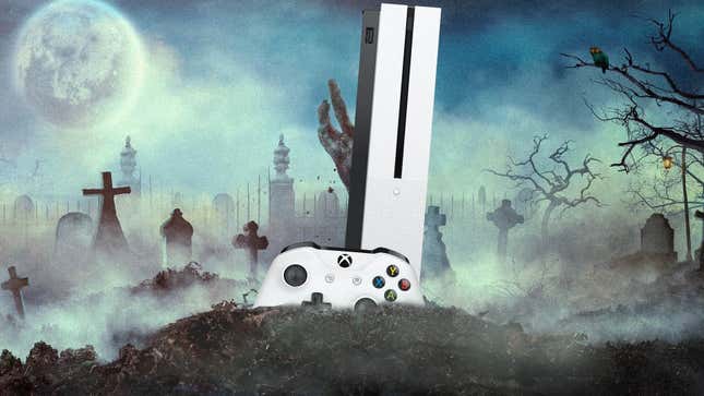 An Xbox One S stands tall in a graveyard at night.