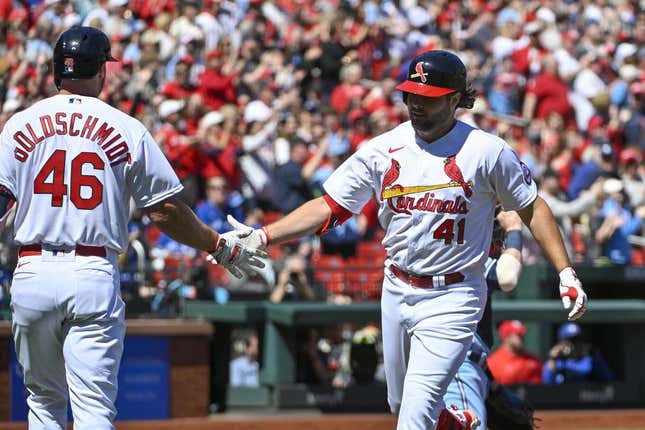 Apr 2, 2023; St. Louis, Missouri, USA;  St. Louis Cardinals left fielder Alec Burleson (41) celebrates with first baseman Paul Goldschmidt (46) after hitting a solo home run against the Toronto Blue Jays during the first inning at Busch Stadium.