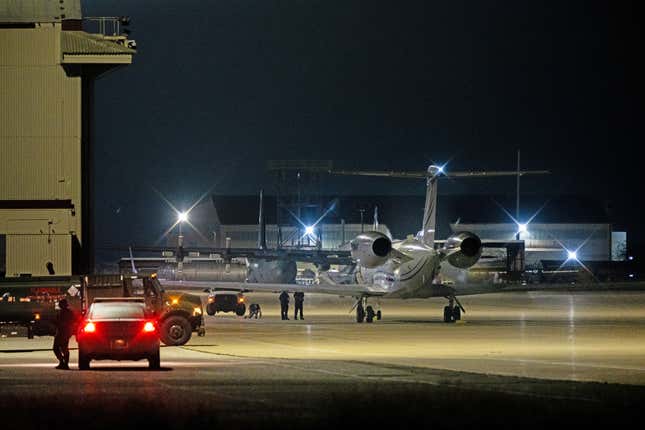 The plane carrying WNBA Star Brittney Griner arrives at the JBSA-Kelly Field Annex runway in San Antonio, Texas