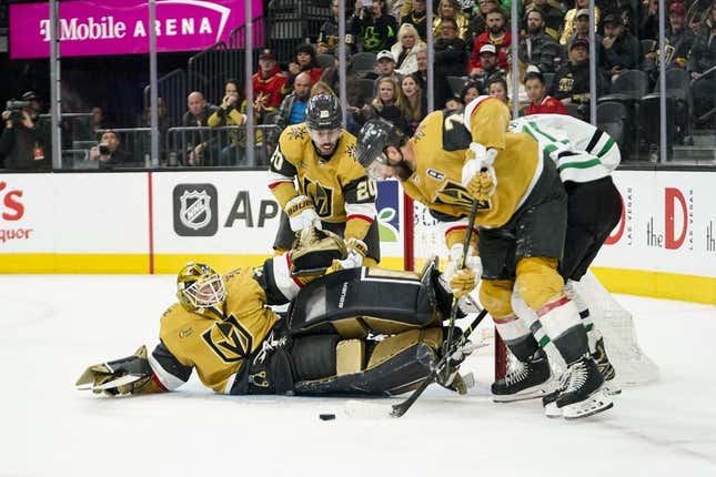 Feb 25, 2023; Las Vegas, Nevada, USA; Vegas Golden Knights goaltender Laurent Brossoit (39) makes a save during an overtime period against the Dallas Stars at T-Mobile Arena.