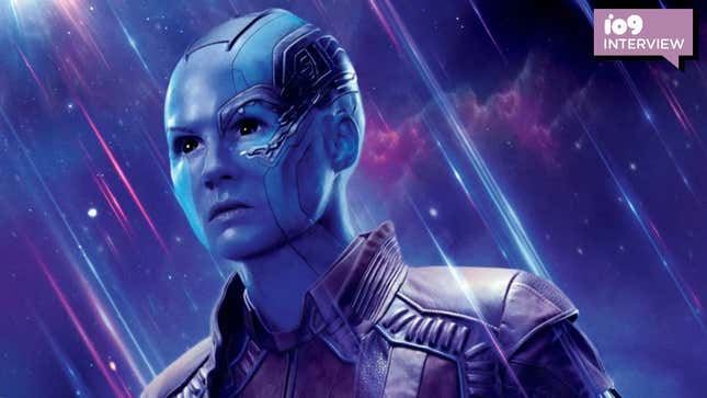 Karen Gillan's character Nebula on a purple-hued poster for a Marvel movie.