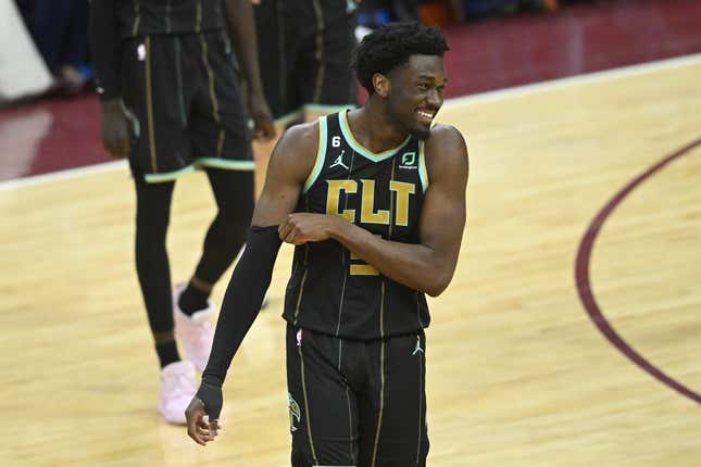 Apr 9, 2023; Cleveland, Ohio, USA; Charlotte Hornets center Mark Williams (5) smiles in the fourth quarter against the Cleveland Cavaliers at Rocket Mortgage FieldHouse.