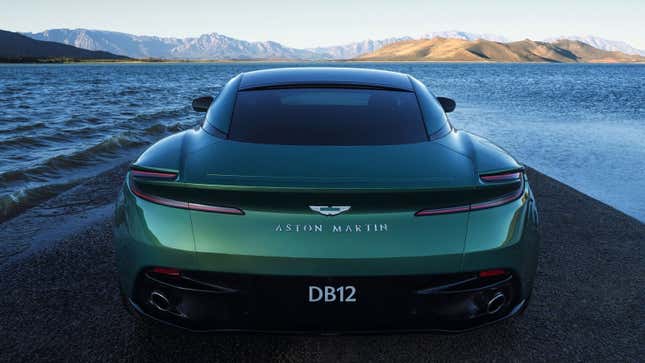 A photo of the rear end of the Aston Martin DB12 sports car. 