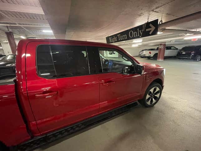 An awfully tight squeeze, but the Lightning just squeaked into this parking garage. The truck was too tall for many other garages, limiting our charging options.