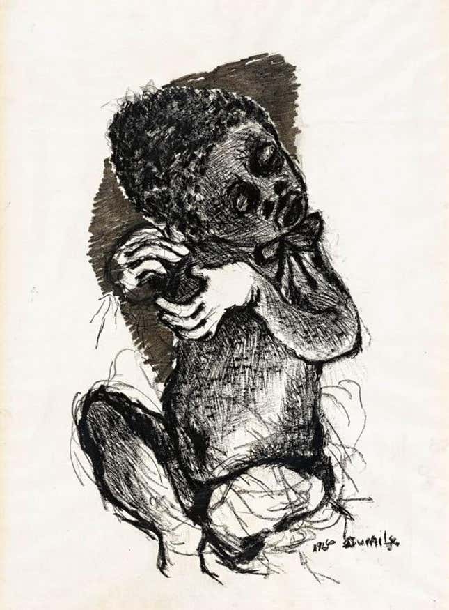On original drawing by Dumile Feni (1942 – 1991) called Seated Child (1966)