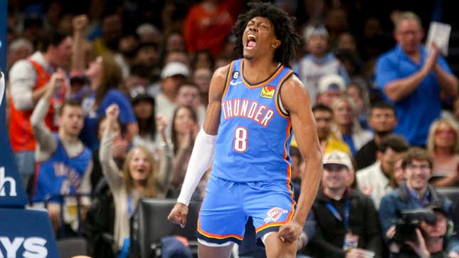 Jalen Williams of the Oklahoma City Thunder yells after a slam dunk during the second quarter against the Los Angeles Lakers.