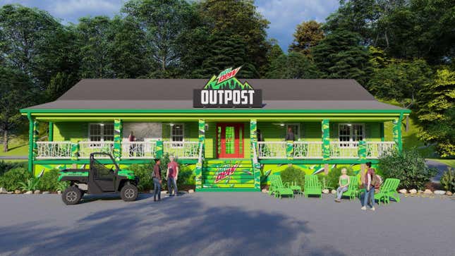 MTN DEW outpost - green building surrounded by trees