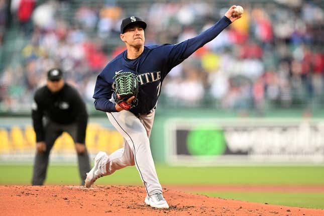 May 17, 2023; Boston, Massachusetts, USA; Seattle Mariners starting pitcher Marco Gonzales (7) pitches against the Boston Red Sox during the first inning at Fenway Park.