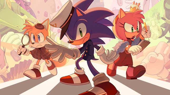 Promo art shows Sonic, Tails and Amy Rose standing together in murder mystery costumes. 