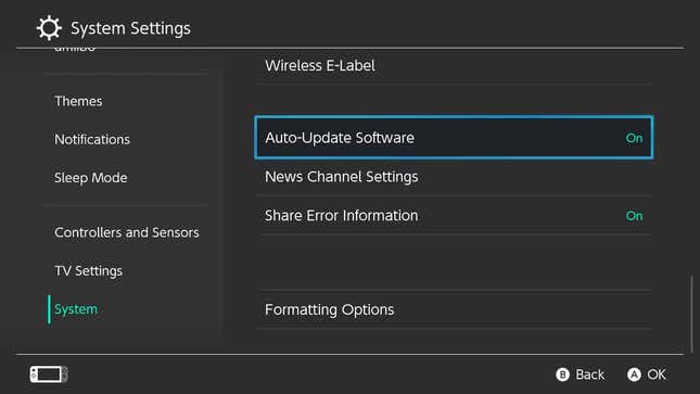 The Nintendo Switch's System Settings menu is seen with the Auto-Update Software toggle highlighted.