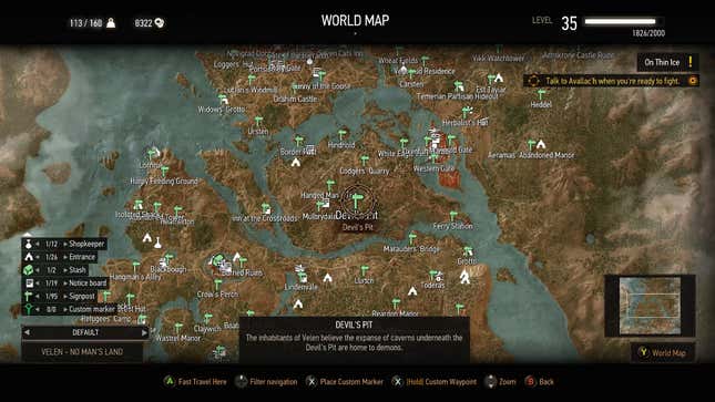 A screenshot of The Witcher 3 shows a map with key locations.