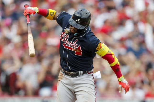 Jun 24, 2023; Cincinnati, Ohio, USA; Atlanta Braves right fielder Ronald Acuna Jr. (13) reacts after hitting a pop up in the second inning against the Cincinnati Reds at Great American Ball Park.