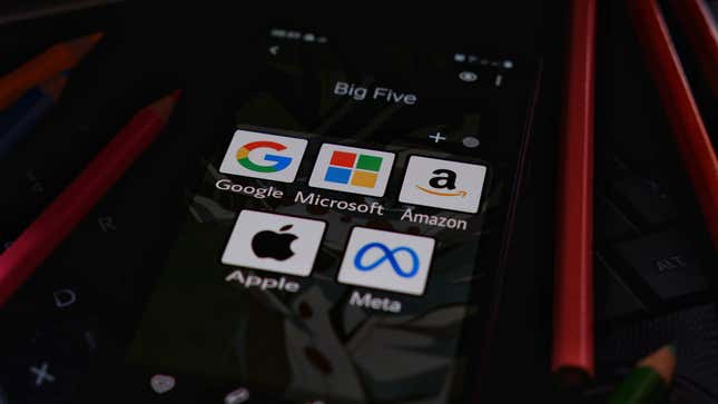 A phone with big five tech companies apps like Google, Microsoft and Amazon.