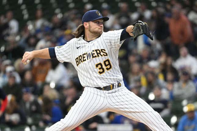 Apr 23, 2023; Milwaukee, Wisconsin, USA; Milwaukee Brewers starting pitcher Corbin Burnes (39) delivers against the Boston Red Sox in the first inning at American Family Field.