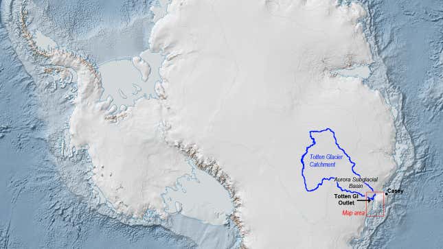 A NASA satellite image of the Totten Glacier, with the critical catchment area highlighted.